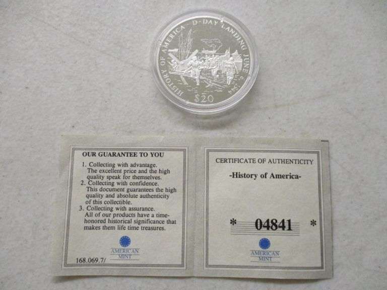 $20 Proof Liberia D-Day Landing 1944 .999 Silver 20 Grams