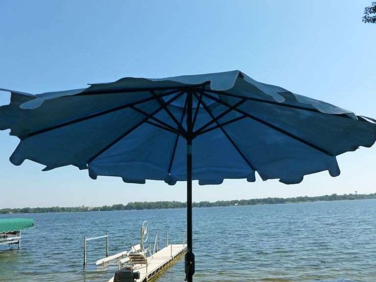 Nice Granite Patio Umbrella Base / With Safaview Blue Umbrella