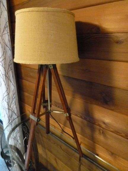 Nice Surveyor's Themed Wooden Tri-Pod End Table Lamp - 32.5" H