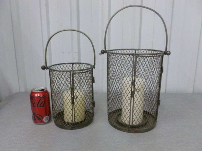 (2) Wire Basket Candle Lanterns - 8" & 10" H - with New Pillar Candles