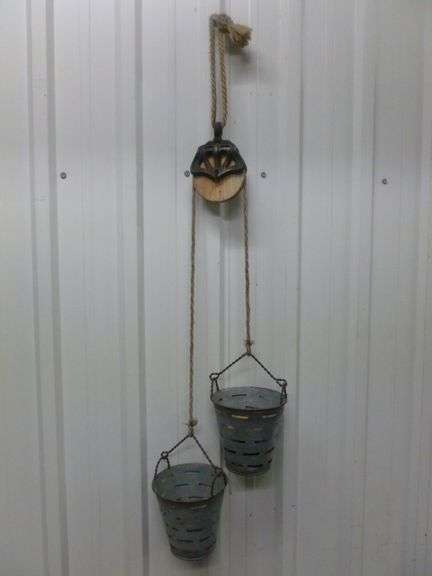 Nice Barn Pully Themed Rope & Bucket Wall / Hanging Decor - 35" L
