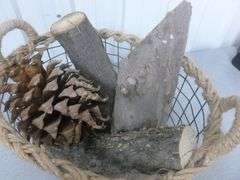 Vintage Burlap Rope Wrapped / Double Handled Wire Basket With Wood & Large Pine Cone For Decor