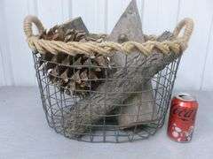 Vintage Burlap Rope Wrapped / Double Handled Wire Basket With Wood & Large Pine Cone For Decor