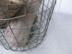 Vintage Burlap Rope Wrapped / Double Handled Wire Basket With Wood & Large Pine Cone For Decor