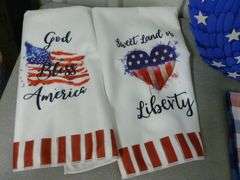Group Of Patriotic Themed Decor Items / Kitchen Towels / Pillow Cases / Table Runner