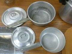 Group Of Cookware / Aluminum Sauce Pans / Pasta Kettle / Tupperware / Serving Tray