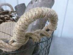 Vintage Burlap Rope Wrapped / Double Handled Wire Basket With Wood & Large Pine Cone For Decor