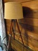 Nice Surveyor's Themed Wooden Tri-Pod End Table Lamp - 32.5" H