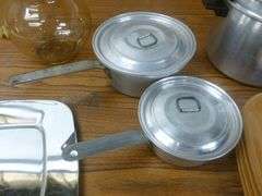 Group Of Cookware / Aluminum Sauce Pans / Pasta Kettle / Tupperware / Serving Tray