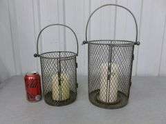 (2) Wire Basket Candle Lanterns - 8" & 10" H - with New Pillar Candles