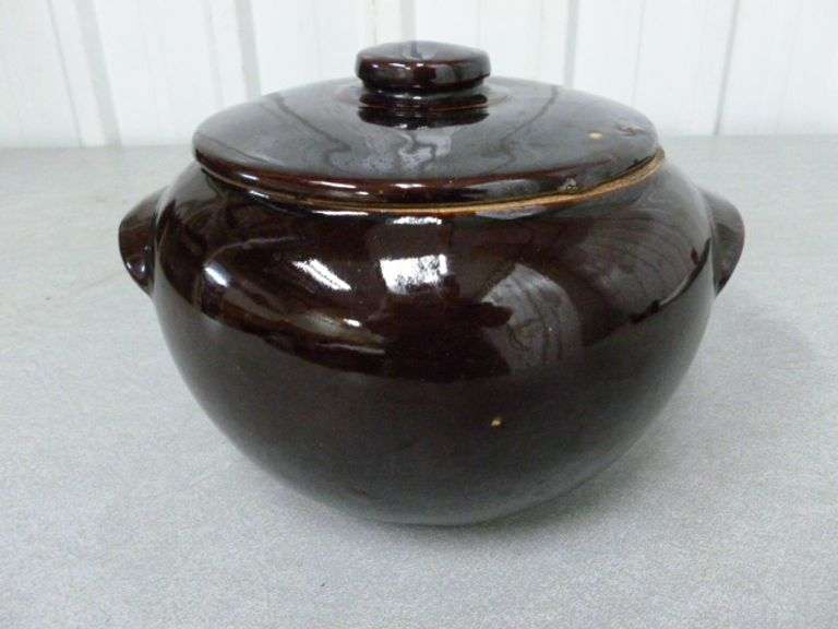 Vintage USA Marked Double Handled Bean Pot With Lid