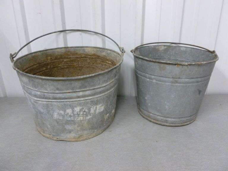 (2) Vintage Galvanized Steel Buckets / Planters