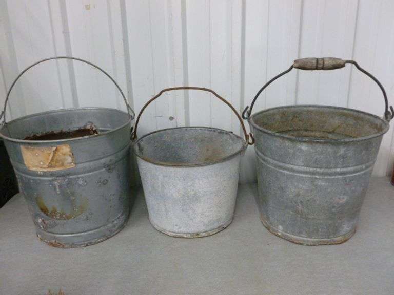 (3) Vintage Galvanized Steel Buckets / Planters