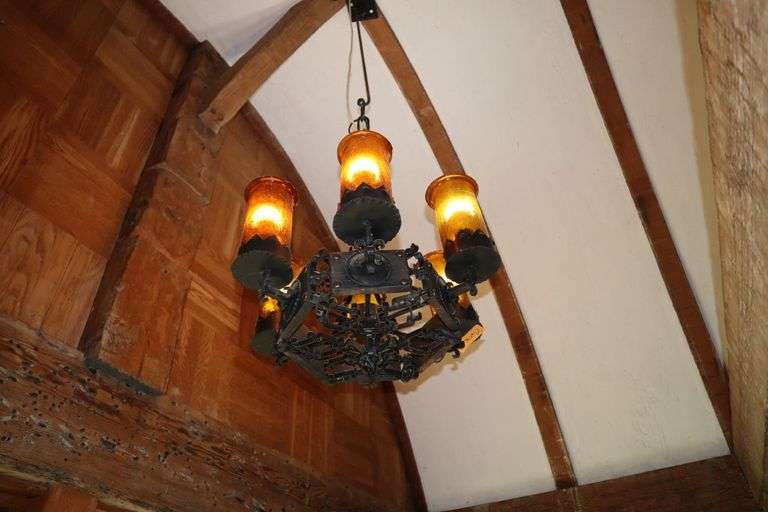 Wrought Iron & Wood Hanging Light Fixture With Amber Shades, 25"w X 18"h