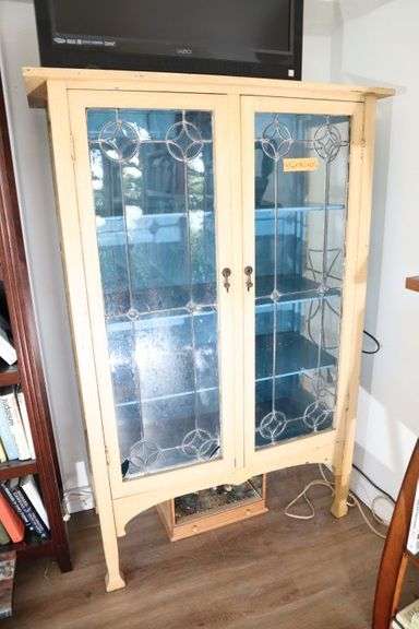 Vintage Display Cabinet With Lead Glass Doors And Sides, Crackle Paint With A Lovely Blue Interior, On Raised Legs, 43"w X 18"d X 64"h