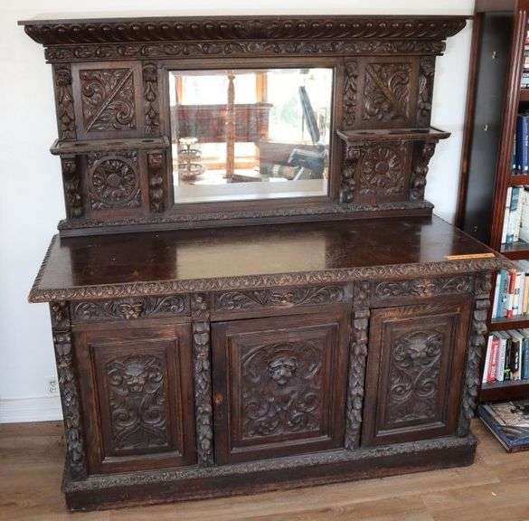 Antique Oak Renaissance Gothic Buffet, Ornately Carved Figures Including Lions, Shells, Leaves and Acorns, Maybe From The Black Forest Region Bordering Germany and France, 66"w X 26"d X 68"h