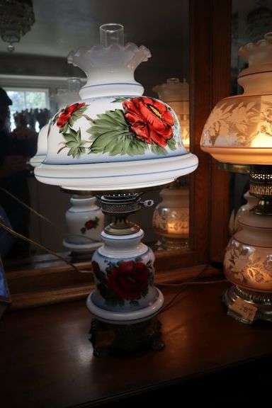 Hand Painted Electric Table Lamp, 28"h, White Glass