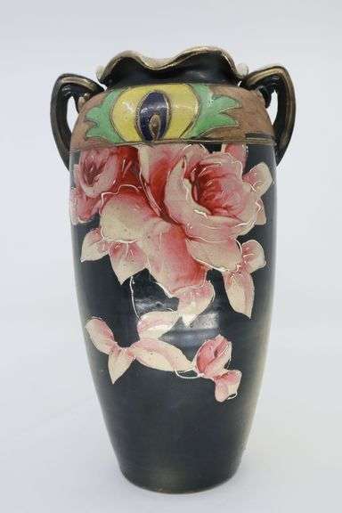 Vintage Hand Painted Vase, Black Ground, Wavy Rim, Two Handles, 6X10"H, 1.5#