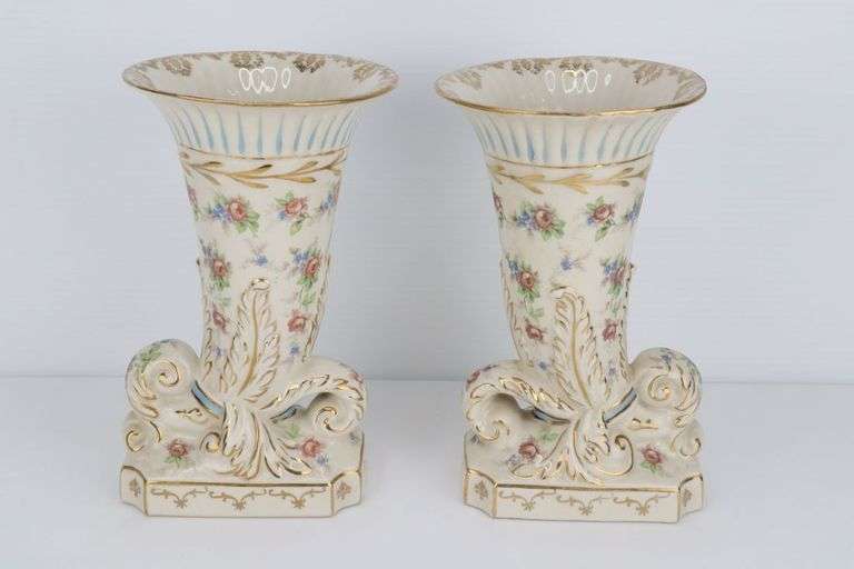 Pair Of English Hand Decorated Vases, Marked Eaton China, Pink Roses & Blue Posies, 6X6X10-1/2", 2#