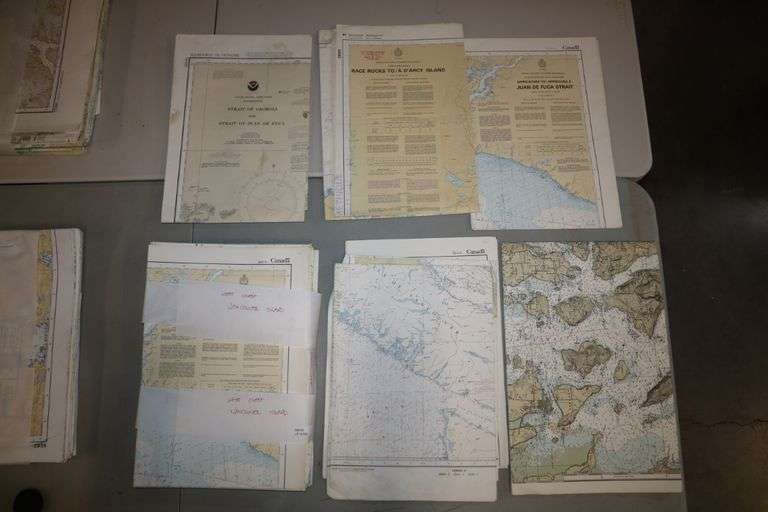 LARGE BUNDLE OF NAUTICAL CHARTS LABELED WEST COAST VANCOUVER ISLAND AND ...