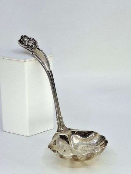 ANTIQUE STERLING LADLE, ALBERT FELDENHEIMER, 1891-96, PORTLAND, ORE, 82 G, SHELL LADLE, 7.5"L.