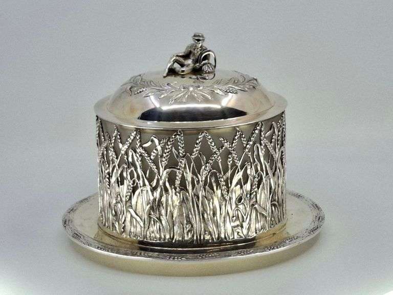 VICTORIAN SILVER BISCUIT BOX WITH LID, FROSTED GLASS INSERT, 9.5 X 7.5"H. SIDES FEATURE A OPENWORK O