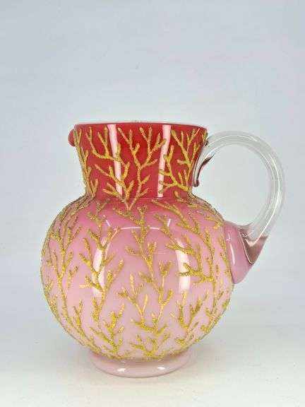19c MT. WASHINGTON GLASS SATIN PEACH BLOW CORALENE PITCHER, 6.25"H. Mt. Washington Glass Company. Th