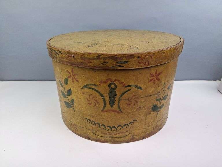 PRIMITIVE FOLK ART PAINTED PANTRY BOX, CHEESE BOX, 18" X 11X'H.