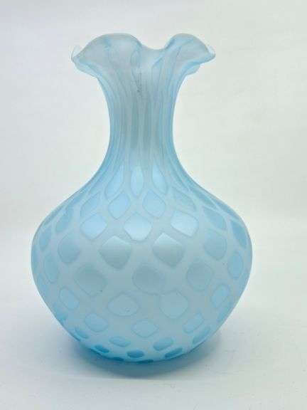 19c MT. WASHINGTON GLASS BLUE DIAMOND QUILTED SATIN GLASS VASE, FROSTED FINISH WITH WAVY RIM, 7.75"H
