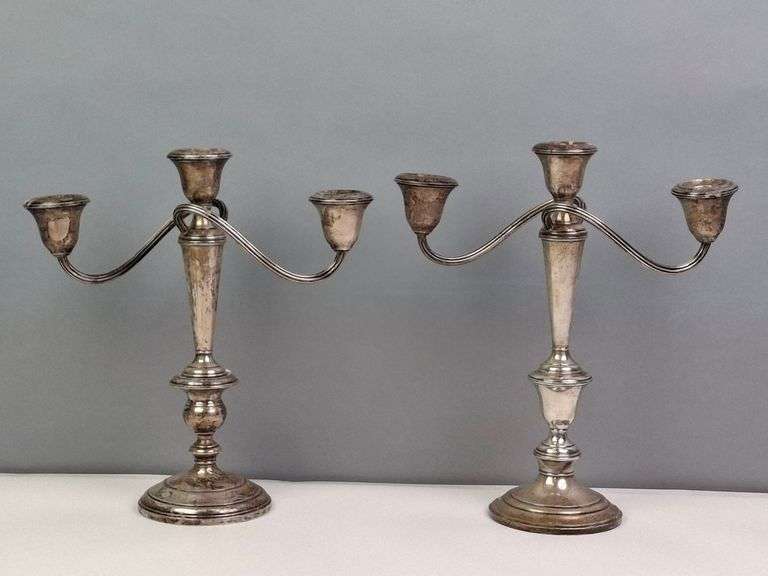 GORHAM STERLING SILVER 3-LIGHT CANDELABRAS, #808, 10.5 X 11"H, TOTAL 850 G. STERLING, CEMENT FILLED