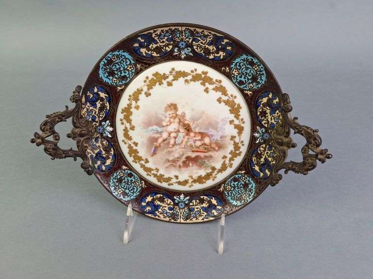 1890'S HAND PAINTED BRONZE AND CLOISONNE ENAMEL FOOTED BOWL 7-3/4"X2"(10"INCLUDING HANDLES), SIGNED