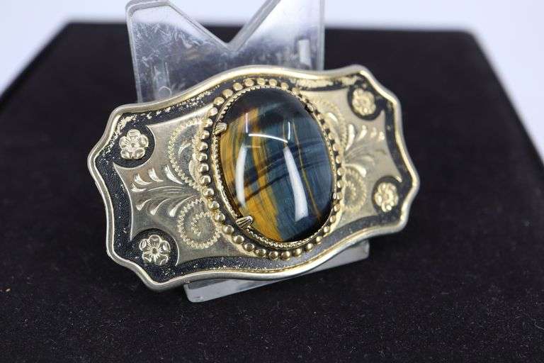 GOLD TONE AND BLUE TIGER EYE BELT BUCKLE, 1-5/8 X 2-5/8"
