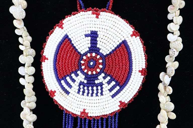 3 NECKLACES, TURQUOISE 20", SHELL 34", RED WHITE AND BLUE BEADED 26" DESIGNS,
