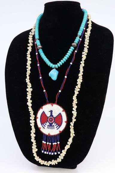 3 NECKLACES, TURQUOISE 20", SHELL 34", RED WHITE AND BLUE BEADED 26" DESIGNS,