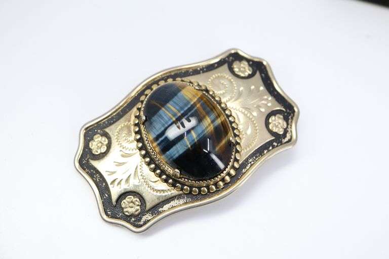 GOLD TONE AND BLUE TIGER EYE BELT BUCKLE, 1-5/8 X 2-5/8"
