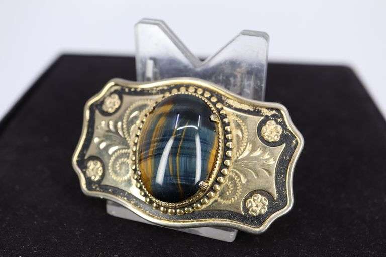 GOLD TONE AND BLUE TIGER EYE BELT BUCKLE, 1-5/8 X 2-5/8"
