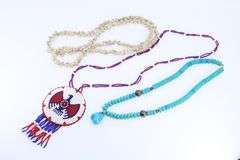 3 NECKLACES, TURQUOISE 20", SHELL 34", RED WHITE AND BLUE BEADED 26" DESIGNS,