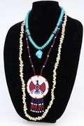3 NECKLACES, TURQUOISE 20", SHELL 34", RED WHITE AND BLUE BEADED 26" DESIGNS,