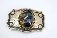 GOLD TONE AND BLUE TIGER EYE BELT BUCKLE, 1-5/8 X 2-5/8"