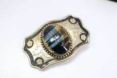 GOLD TONE AND BLUE TIGER EYE BELT BUCKLE, 1-5/8 X 2-5/8"