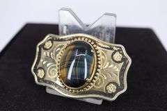 GOLD TONE AND BLUE TIGER EYE BELT BUCKLE, 1-5/8 X 2-5/8"