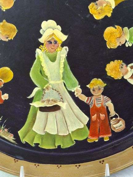 1970s TOLE PAINTED FOLK ART TRAY, CHILDREN WITH CATS & DOGS, BLACK WITH GOLD, SIGNED FRAN '73, 13.5"