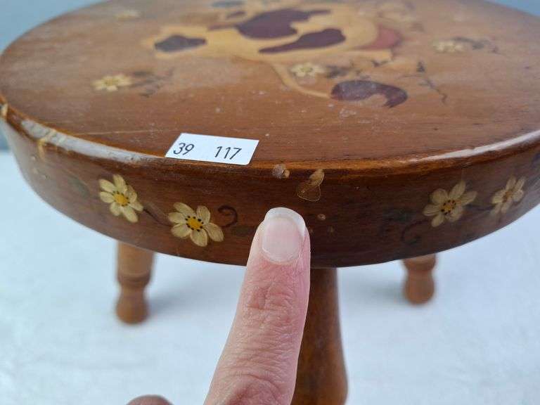 WOODEN MILKING STOOL, HAND PAINTED DAIRY COW WITH WHITE DAISIES, 11.5"H.