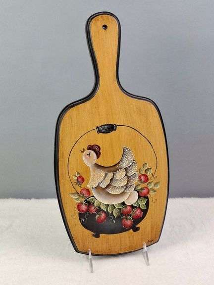 VINTAGE WOODEN BREAD BOARD, HAND PAINTED HEN AND STRAWBERRIES, SIGNED FRAN, 16".