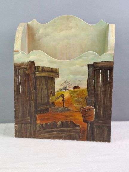 VINTAGE WOODEN NEWSPAPER, MAGAZINE, LETTER BOX, HAND PAINTED, 11" X 4.5" X 14"