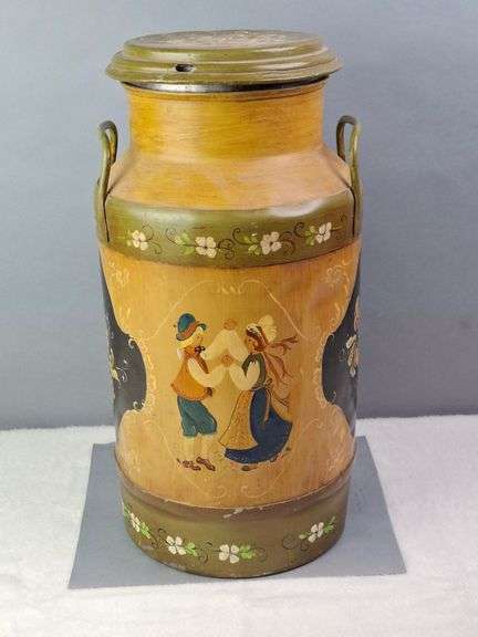 TOLE PAINTED Folk Art Antique Dairy Farm Milk Jug, 20.25"H.