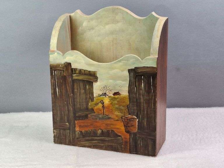 VINTAGE WOODEN NEWSPAPER, MAGAZINE, LETTER BOX, HAND PAINTED, 11" X 4.5" X 14"