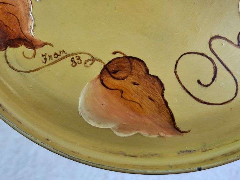 VEGGIE CANISTER / WASTE BIN WITH LID, HAND PAINTED VEGGIES WITH CUTE FACES, SIGNED FRAN '83, 8".