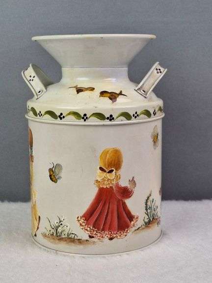 SMALL TOLE PAINTED METAL MILK CAN, SIGNED FRAN '92, 6".