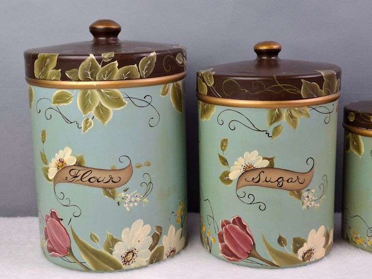 VINTAGE HAND PAINTED KITCHEN CANISTER SET, FLOUR, SUGAR, COFFEE, TEA, 10"H, 8.5"H, 6.5"H, 6"H